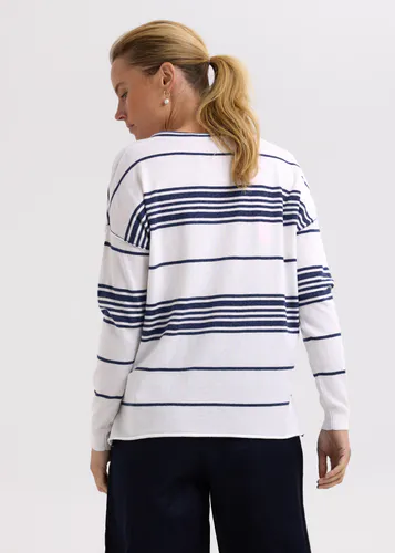 Model wearing White Beach Bum Jumper By Zaket & Plover Available at Beetees Nelson